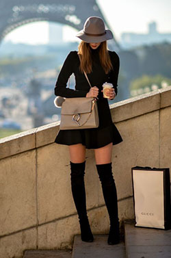 What Shoes To Wear With A Black Dress, Stuart Weitzman, Over-the-knee boot: Polo neck,  Over-The-Knee Boot,  Sam Edelman,  Black Dress Outfits,  Chap boot  