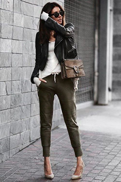 Study more about womens joggers style, Leather jacket: Brown pants,  Leather jacket,  Sporty Outfits,  Street Style,  Black Leather Jacket  