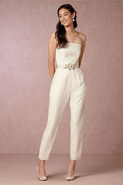 Party wear tips for bhldn white jumpsuit, Jill Jill Stuart: Strapless dress,  Jumpsuit Outfit  