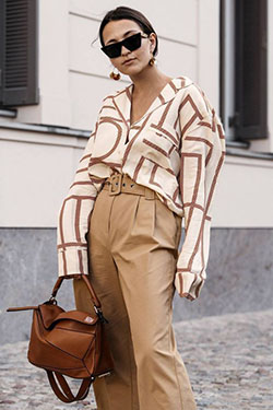 Geometric top street style, Street fashion: Fashion week,  Haute couture,  Street Style,  Brown Outfit,  British Vogue  