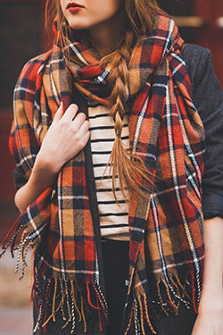 Red and orange fall scarves: winter outfits,  Full plaid,  Scarves Outfits  