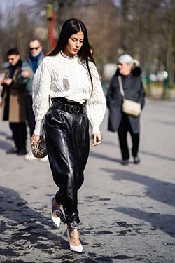 Trending and popular fashion model, Leather jacket: Paper bag,  Street Style,  Leather Pant Outfits  