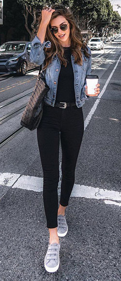 Faded black jeans outfit, Jean jacket: Jean jacket,  Slim-Fit Pants,  Yoga Outfits  