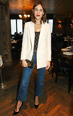 Alexa blue jeans party outfit: Slim-Fit Pants,  Blazer Outfit,  Capri pants,  Alexa Chung,  Cropped Jeans  