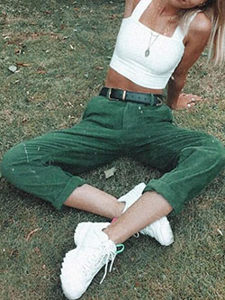 High waisted green corduroy pants: Pencil skirt,  Casual Outfits,  Green Pant Outfits  
