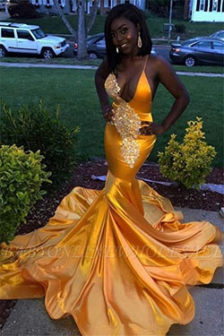 Mermaid yellow prom dresses, Evening gown: party outfits,  Evening gown,  Spaghetti strap,  Prom outfits  