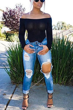 High Waisted Blue Ripped Jeans For Collage: Ripped Jeans,  Slim-Fit Pants,  Jeans Outfit,  Casual Outfits  