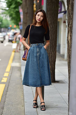 denim skirt with black top for church: Denim skirt,  Crop top,  shirts,  Clothing Ideas,  Church Outfit,  Casual Outfits,  Sunday Church Outfit  