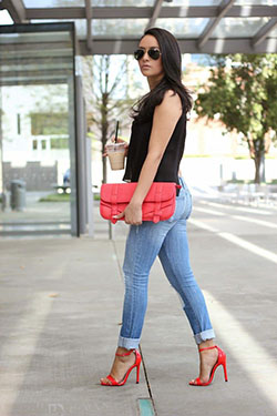 Dressy black top with jeans and red heels: High-Heeled Shoe,  Slim-Fit Pants,  Stiletto heel,  Red Shoes Outfits  