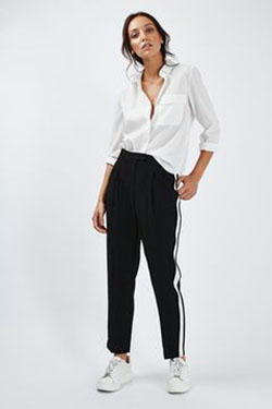 Side stripe peg trousers, Black Trousers: shirts,  black trousers,  Trouser Outfits,  Stripe Trousers  