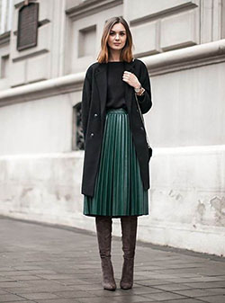 Pleated midi skirt outfit, Casual wear: Over-The-Knee Boot,  Skirt Outfits,  Casual Outfits  