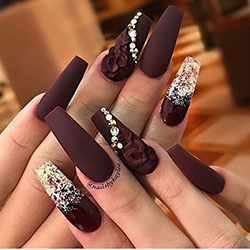Burgundy coffin nails with rhinestones: Nail Polish,  Nail art,  Gel nails,  Artificial nails,  Pretty Nails  