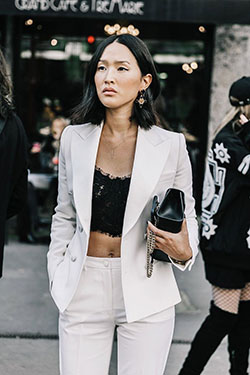 White suit black crop top: Semi-Formal Wear,  Blazer Outfit,  Street Style  