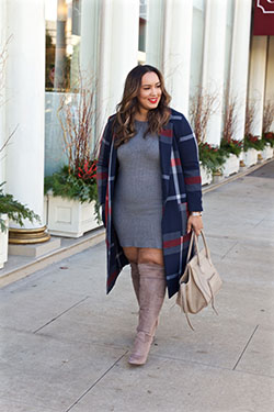 Grey dress and taupe boots: Plus size outfit,  Boot Outfits,  Business casual,  Chap boot  