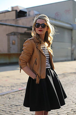 Brown leather jacket and skirt: Leather jacket,  Flight jacket,  Skirt Outfits  