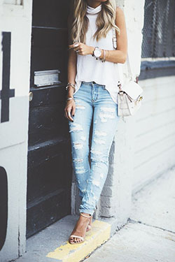 Casual outfit with heels, Casual wear: blue jeans outfit,  Ripped Jeans,  Sleeveless shirt,  High-Heeled Shoe,  Polo neck,  Stiletto heel,  Casual Outfits  