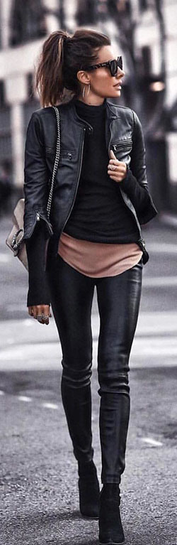 Know more about these leather pants outfit, Casual wear: winter outfits,  Leather jacket,  Slim-Fit Pants,  Legging Outfits,  Casual Outfits  