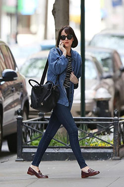 Dakota johnson casual outfit: Jean jacket,  shirts,  Casual Outfits,  Flat Shoes Outfits  