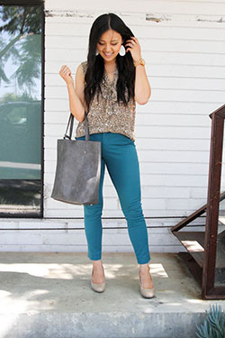 Teal pant outfits wonwn, Casual wear: Slim-Fit Pants,  Business casual,  Animal print,  Capri pants,  Business Outfits  