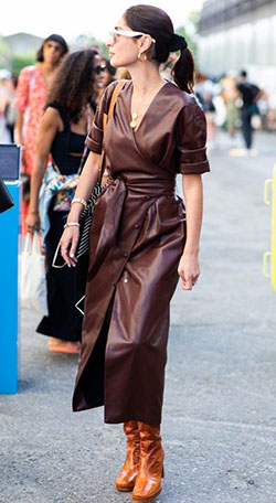 Casual Wrap dress Brown Outfits: Wrap dress,  Leather skirt,  Artificial leather,  Leather clothing,  Brown Outfit  