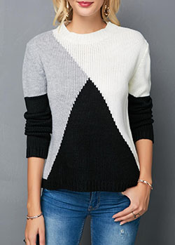 Black and white Color Block Sweaters: Long-Sleeved T-Shirt,  Cashmere wool,  Sweaters Outfit  