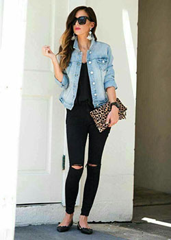 All black outfit with denim jacket: Jean jacket,  Casual Outfits,  Jacket Outfits  