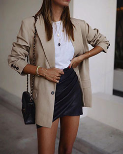 Blazer and skirt outfit, Casual wear: Denim skirt,  Leather skirt,  Business Outfits  