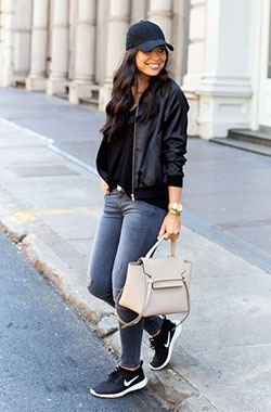 Wonderful tips for black sneakers outfit, Casual wear: Flight jacket,  Baseball cap,  Casual Outfits,  Jacket Outfits  