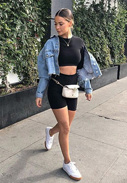 Black biker shorts outfit, Cycling shorts: Crop top,  Jean jacket,  Shorts Outfit,  Cycling shorts,  Casual Outfits,  Biker Short,  Gym shorts,  Yoga Shorts  