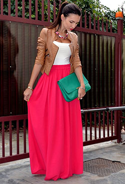Find these great pink maxi skirt, Leather jacket: Leather jacket,  Skirt Outfits,  Maxi dress,  Casual Outfits,  Boxy Jacket  