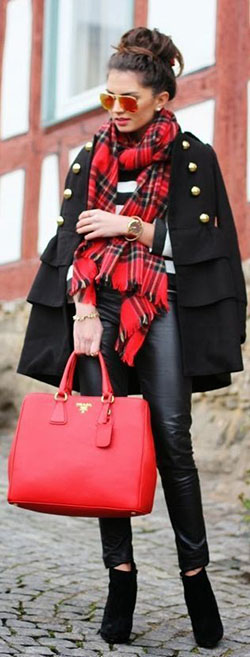 Red prada style bag, Tote bag: Military Jacket Outfits  