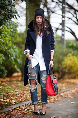 Great and mind boggling boyfriend coat outfits, Casual wear: Ripped Jeans,  winter outfits,  shirts,  Smart casual,  Casual Outfits  