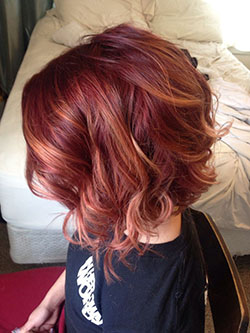 Short red hair with highlights: Bob cut,  Long hair,  Short hair,  Hair highlighting,  Red hair  