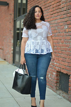 Wear a sheer blouse with jeans: Plus size outfit,  Sleeveless shirt,  Slim-Fit Pants,  shirts,  Sheer fabric  
