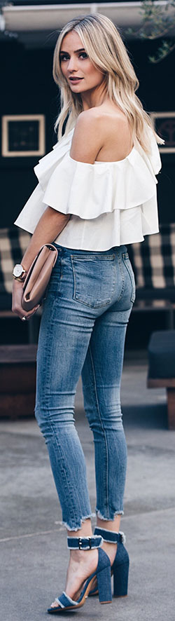 classy jeans and Stylish tops combination: blue jeans outfit,  High-Heeled Shoe  