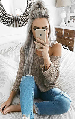 Nice ideas to protect winter outfits women, Casual wear: Ripped Jeans,  winter outfits,  Slim-Fit Pants,  Casual Outfits,  Bun Hairstyle  