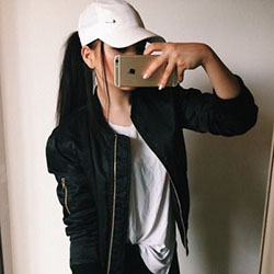 Black bomber jacket with gold zipper: Baseball cap,  Casual Outfits,  Jacket Outfits  