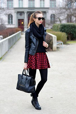 Plaid skirt black leggings, Skater Skirt: Crew neck,  Skater Skirt,  Skirt Outfits  