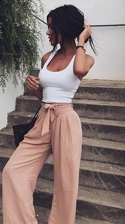 Get more of nude palazzo pants: Crop top,  Sleeveless shirt,  Pant Outfits,  Palazzo pants,  Casual Outfits  
