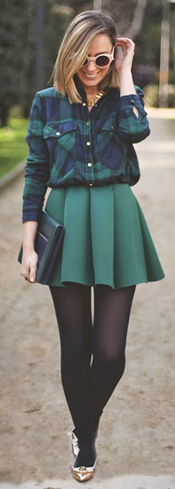 Flannel shirt skirt outfit, Dress shirt: shirts,  Pencil skirt,  Skirt Outfits,  Full plaid,  Casual Outfits,  Swing skirt  