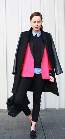 Hot pink with black street style: Formal wear,  Street Style,  Flat Shoes Outfits  