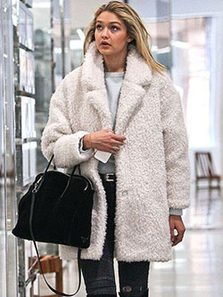 Gigi hadid white coat, Gigi Hadid: Fur clothing,  Slim-Fit Pants,  Gigi Hadid,  Shearling coat,  winter outfits,  Street Style  