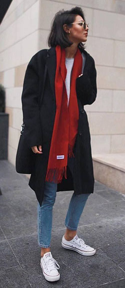 Definitely adorable red scarf outfit, Casual wear: Slim-Fit Pants,  Red scarf,  Street Style,  Casual Outfits,  Street Outfit Ideas  