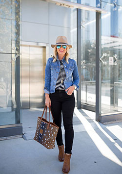 Black and white striped shirt with jean jacket: Jean jacket,  Leather jacket,  shirts,  Jacket Outfits  