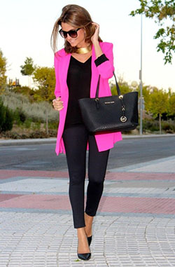 Hot pink and black outfits: winter outfits,  Blazer Outfit,  Casual Outfits  
