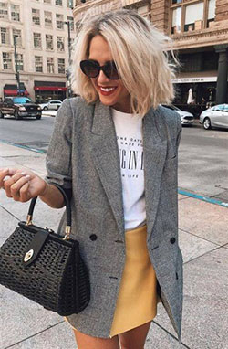 Blazer and skirt casual, Casual wear: Denim skirt,  Blazer Outfit,  Street Style,  Casual Outfits  