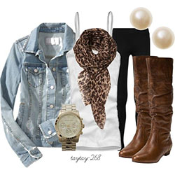 Outfits with scarves polyvore, Animal print: Jean jacket,  Polo neck,  Animal print,  Casual Outfits,  Jacket Outfits  