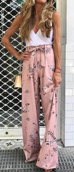 Pink floral pants outfit, Fall season dresses style, Sunday brunch costume: Romper suit,  Spaghetti strap,  Palazzo pants,  Floral Pants,  Brunch Outfit  