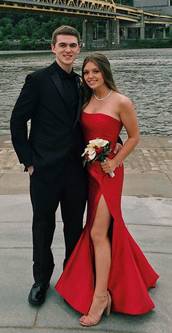 Red prom dress couple, Evening gown: party outfits,  Wedding dress,  Evening gown,  Spaghetti strap,  Strapless dress,  couple outfits,  Prom Suit,  Red Gown,  Red Dress  