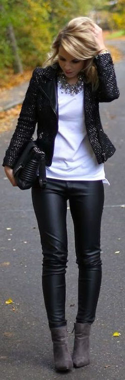 Leather look trouser outfits, Casual wear: winter outfits,  Leather jacket,  Legging Outfits,  Casual Outfits  